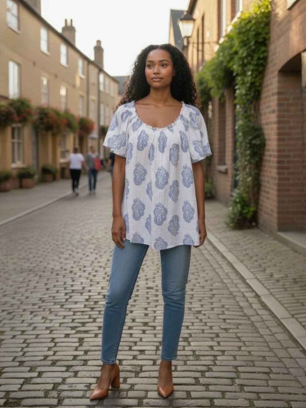 Boho Wonderly White Peasant Top with Blue Paisley Print Size L